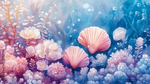 Peaceful Underwater Scene with Pink Shells and Coral