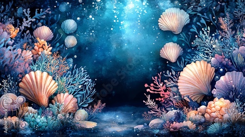 Ocean Shells Underwater Scene Watercolor Painting