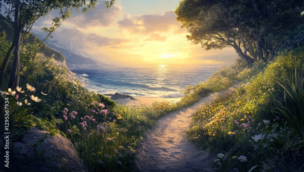 Scenic coastal path at sunset, wildflowers, ocean view. Scenic coastal path at sunset, wildflowers, ocean view.