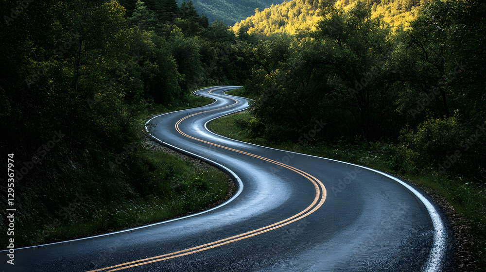 Fototapeta premium A mountain road passing through a forest with winding curves