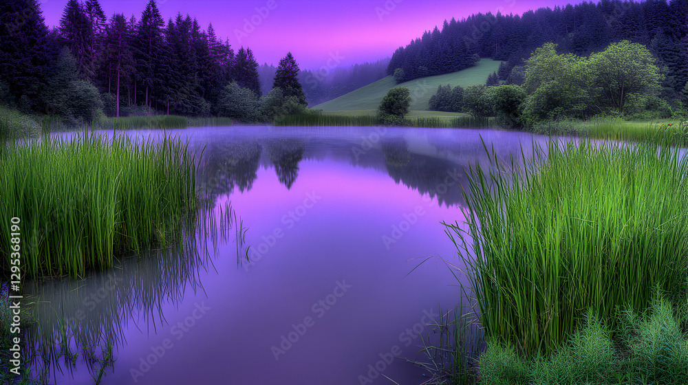 Serene sunrise over a tranquil lake, misty morning reflecting purple hues in still water, lush green reeds framing the scene, idyllic nature. Serene sunrise over a tranquil lake, misty morning reflecting purple hues in still water, lush green reeds framing the scene, idyllic nature.