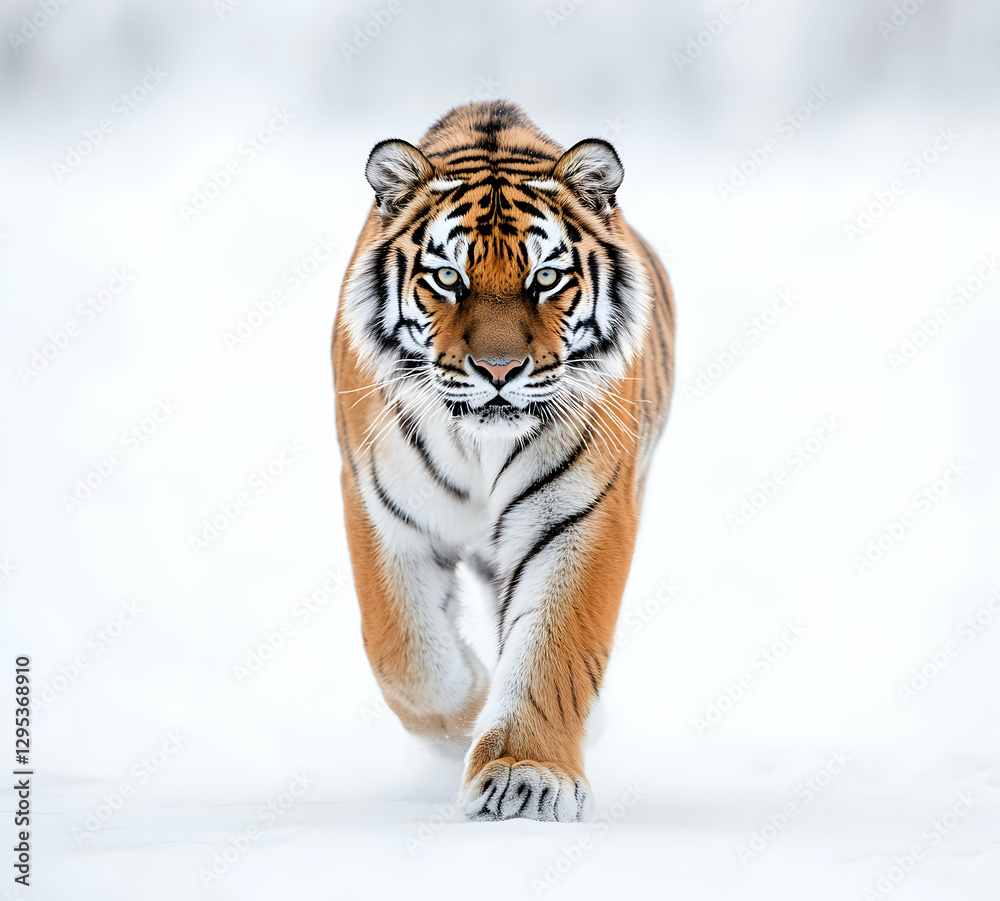Obraz premium Majestic Siberian Tiger Strolling in Snow, a Captivating Portrait of Wild Beauty and Grace in a Winter Wonderland, Demonstrating Raw Power