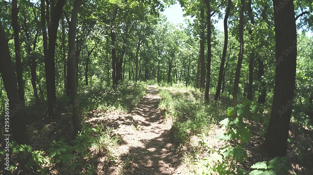 Serene woodland path winding through lush green forest, dappled sunlight filtering through leaves. Perfect for hiking, nature, tranquility themes.