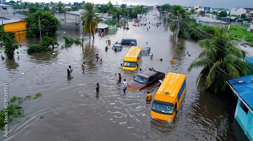 Climate change flood heavy rainfall river overflow. Flooded street with vehicles and people in a tropical environment.