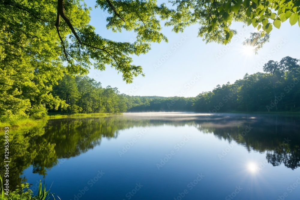 Obraz premium Tranquil lake at sunrise with mist and lush foliage.