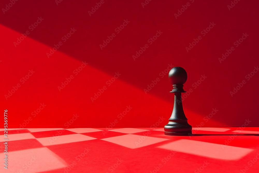 Black pawn on a red chessboard under dramatic lighting