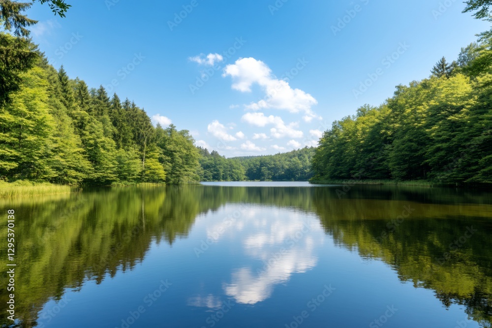 Serene lake reflects clouds and lush green forest. Serene lake reflects clouds and lush green forest.