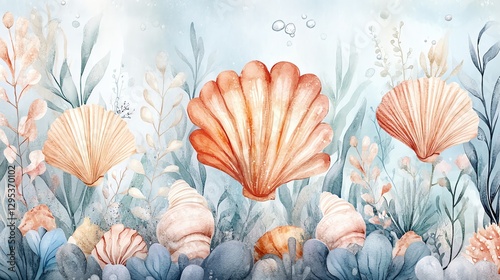 Peaceful Underwater Seashell Scene Watercolor Painting