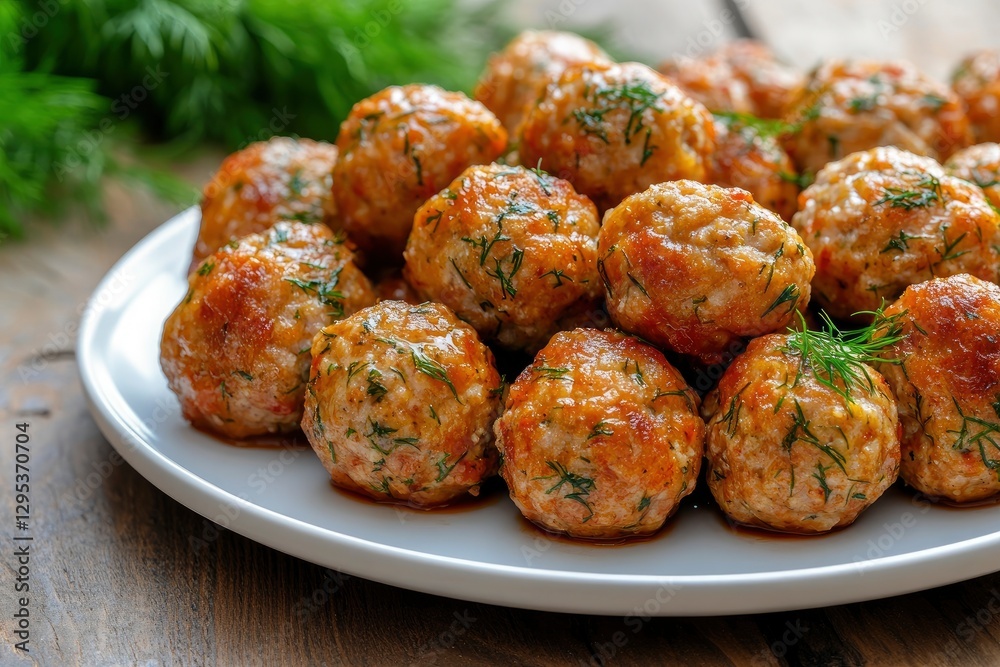 Stir-fried meatballs with tomato sauce and dill on a white plate, against a wooden background. Close-up view of hot Stir-fried meatballs with tomato sauce and dill on a white plate, against a wooden background. Close-up view of hot