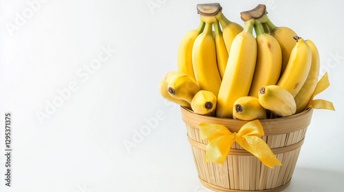 banana thankgiving. bunch of bananas  as a gift on bamboo bowl with white background. thank giving and health-giving concept