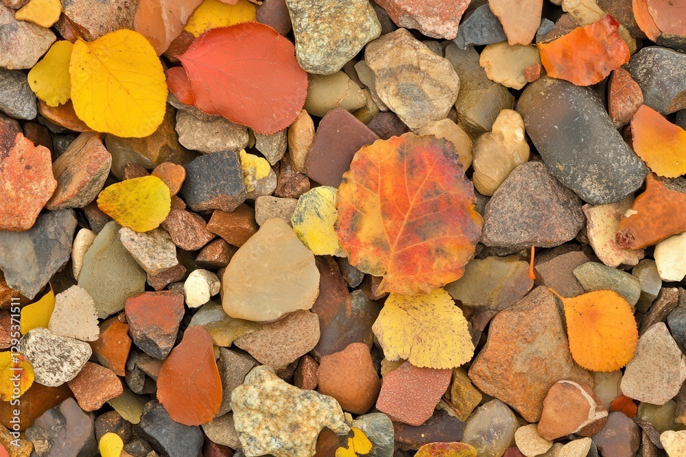 Autumn leaves on colorful pebbles, ground texture, nature background, design element Autumn leaves on colorful pebbles, ground texture, nature background, design element