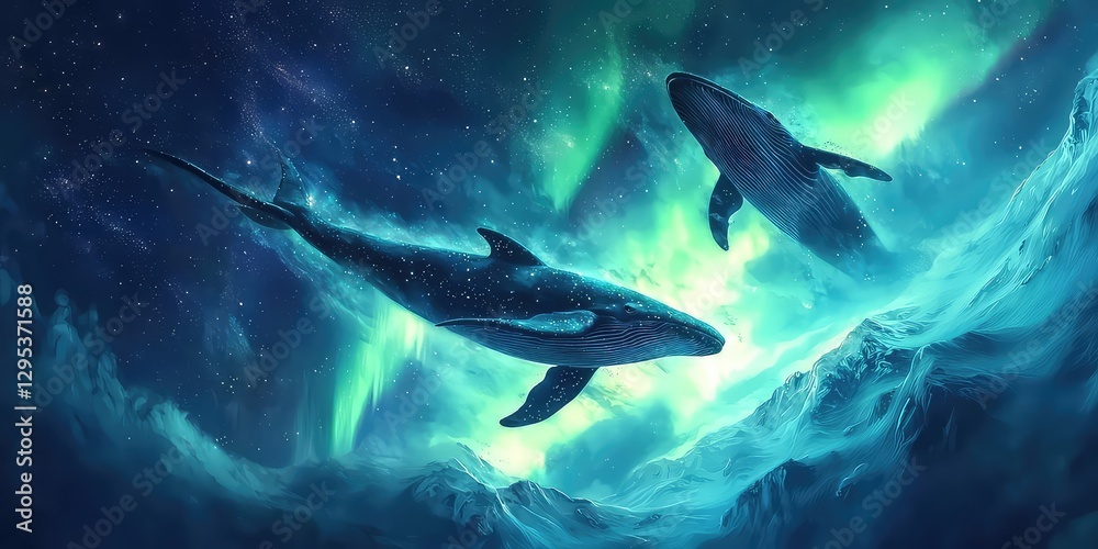 Obraz premium Dreamlike scene where the aurora takes the shape of cosmic whales swimming.