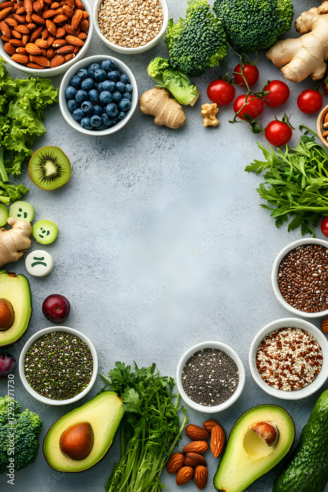 Nutritious vegan ingredients arranged artistically for culinary presentation highlighting a healthy lifestyle, balanced diet concept, and well being promotion Nutritious vegan ingredients arranged artistically for culinary presentation highlighting a healthy lifestyle, balanced diet concept, and well being promotion