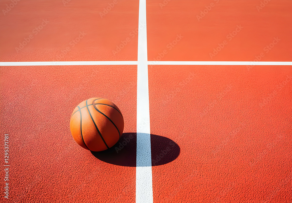 Orange Basketball on a Red Court with White Lines, A Clean and Minimalist Sports Scene, Focus on Teamwork and Athlete, Indoor Activities and Recreation Concept