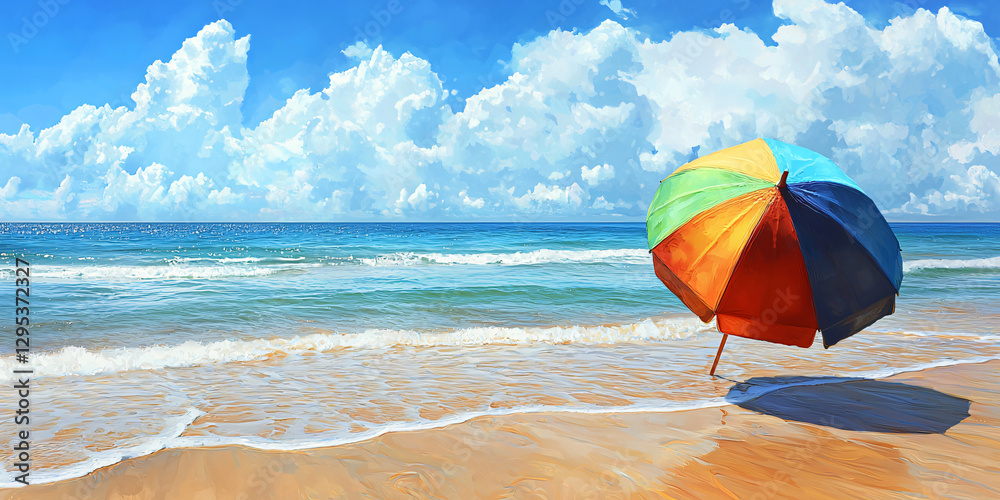 summer beach scene with a colorful umbrella stuck in the sand. summer beach scene with a colorful umbrella stuck in the sand.