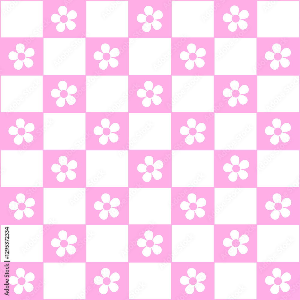 Abstract seamless pattern with flowers. Retro checkered pink background. 