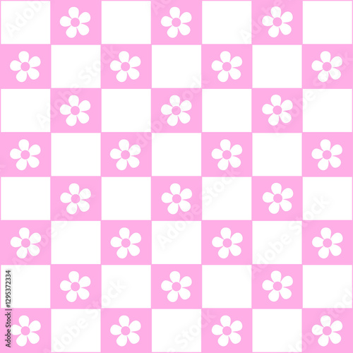 Abstract seamless pattern with flowers. Retro checkered pink background. 