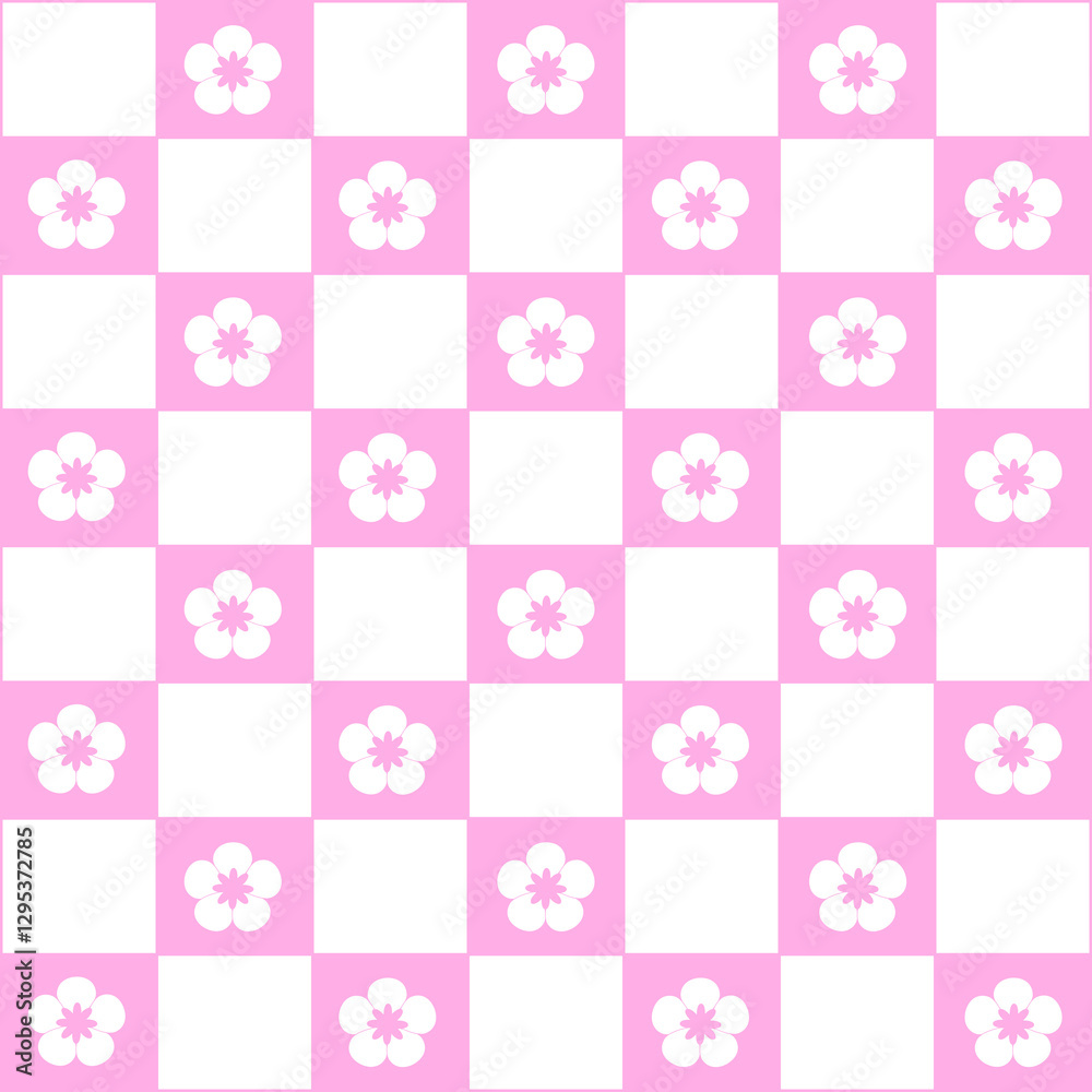 Abstract seamless pattern with flowers. Retro checkered pink background. Abstract seamless pattern with flowers. Retro checkered pink background.
