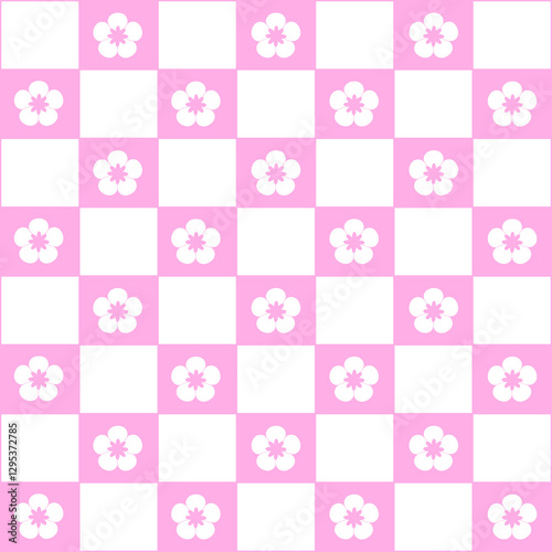 Abstract seamless pattern with flowers. Retro checkered pink background. 