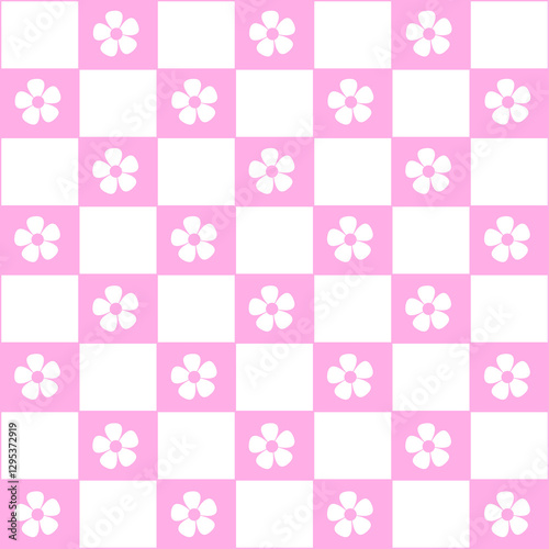 Abstract seamless pattern with flowers. Retro checkered pink background. 