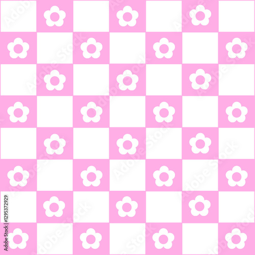 Abstract seamless pattern with flowers. Retro checkered pink background. 