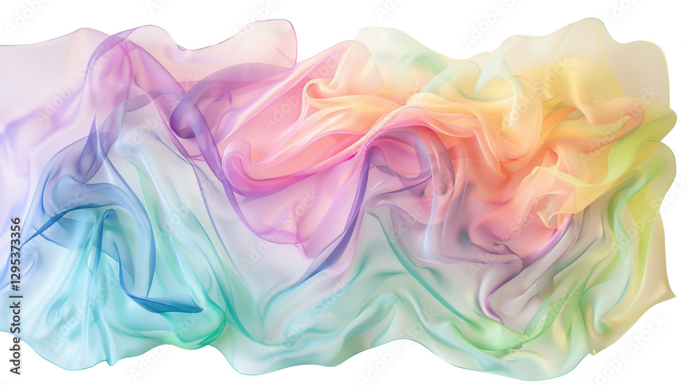 Pastel colored transparent silk fabric flowing on transparent background