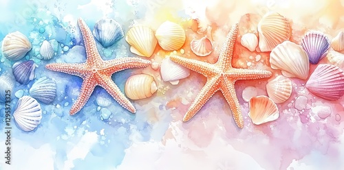Seashells and Starfish Watercolor Beach Art Summer Decor