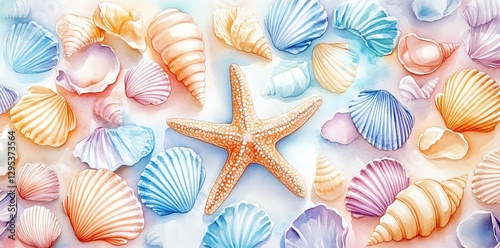 Pastel Seashells and Starfish Watercolor Beach Scene