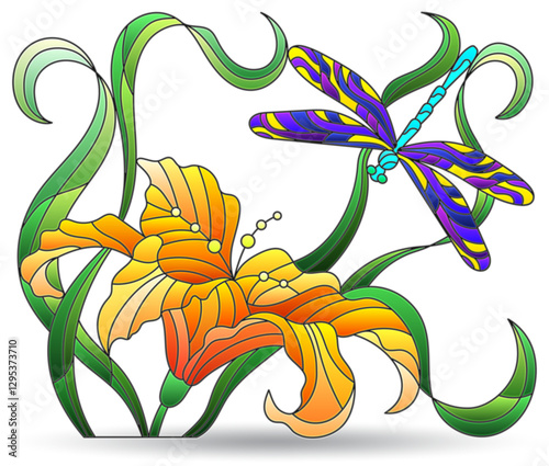 Illustrations with dragonfly and lily flower, composition isolated on a white background