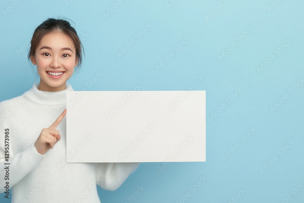 Smiling person in a white sweater, pointing at blank whiteboard, with blue background. Perfect for message presentation. Smiling person in a white sweater, pointing at blank whiteboard, with blue background. Perfect for message presentation.