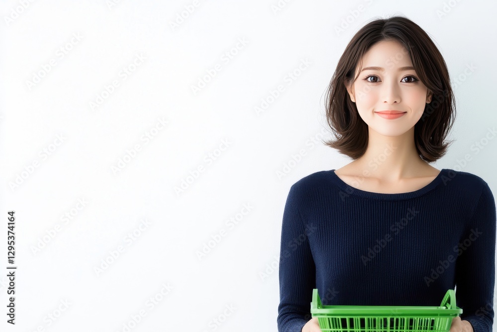 Smiling woman holding green basket against white background, wearing a navy blue sweater. Concept of shopping, lifestyle, and minimalism. Smiling woman holding green basket against white background, wearing a navy blue sweater. Concept of shopping, lifestyle, and minimalism.