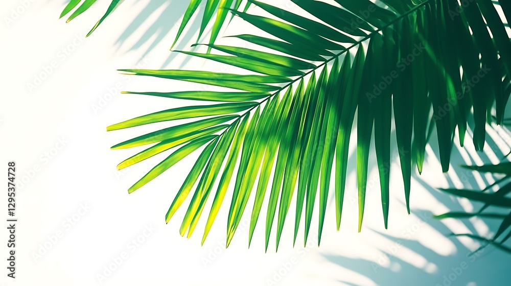 Fototapeta premium Green Palm Leaves Create Shadow And Light On White Background