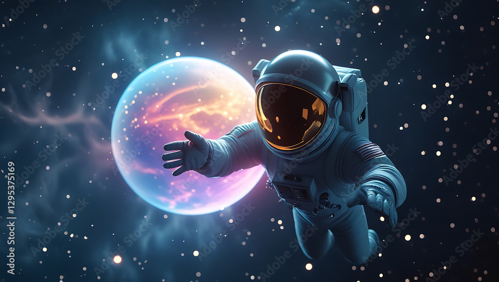 A mesmerizing visual representation Spaceman and planet, human in space, shimmering effects that give the impression of depth and dimensionality, created by generative ai A mesmerizing visual representation Spaceman and planet, human in space, shimmering effects that give the impression of depth and dimensionality, created by generative ai