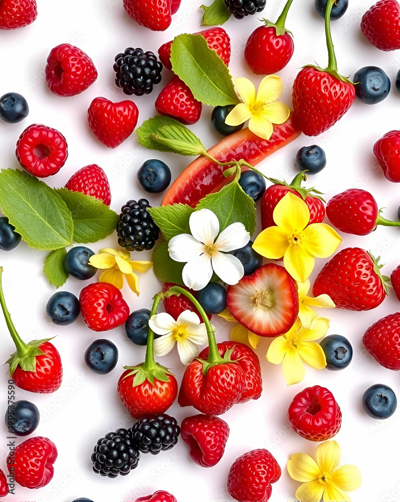 Fresh berries and flowers arranged on a white background.