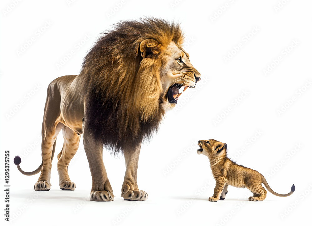 Obraz premium Roaring Majesty, A Captivating Encounter Between a Majestic Lion and its Adorable Cub Against a Stark White Backdrop, Evoking a Sense of Awe and Wonder