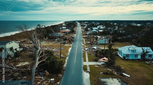 Aerial view of coastal town after hurricane, with uprooted trees, destroyed buildings, and debris scattered across the landscape, capturing the aftermath of the storm.