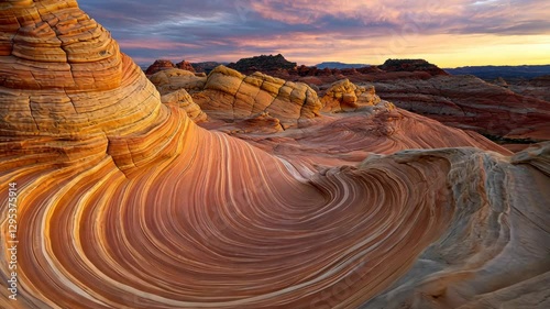 Unique rock formations and colorful sunset sky at the Wave in Arizona's Coyote Buttes north area