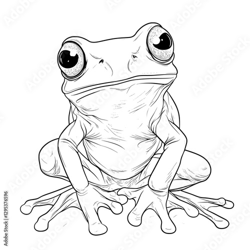 Frog's Intense Stare: A curious frog with striking, large eyes sits and stares out, illustration in shades of gray and meticulous detail. 