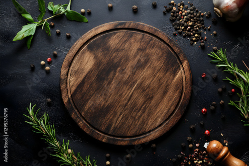 Fototapeta Naklejka Na Ścianę i Meble -  Rustic culinary background featuring a wooden cutting board surrounded by fresh herbs, spices and garlic arranged on a dark, textured surface to enhance its appeal