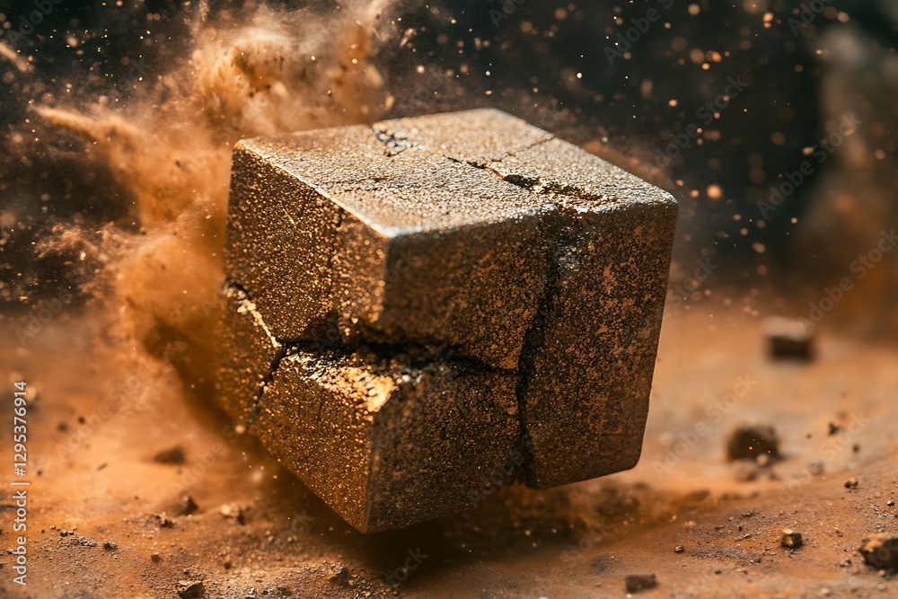 A golden cube shatters into pieces, leaving behind a trail of dust and debris, captured in a dramatic and dynamic photograph. A golden cube shatters into pieces, leaving behind a trail of dust and debris, captured in a dramatic and dynamic photograph.