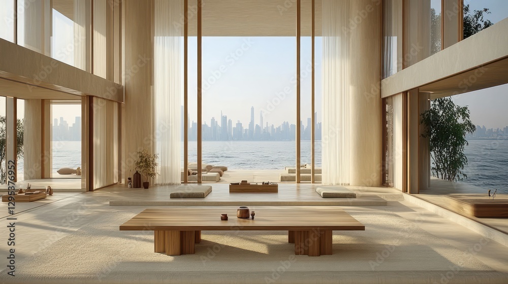Fototapeta premium Modern Zen Living Room with Water Views