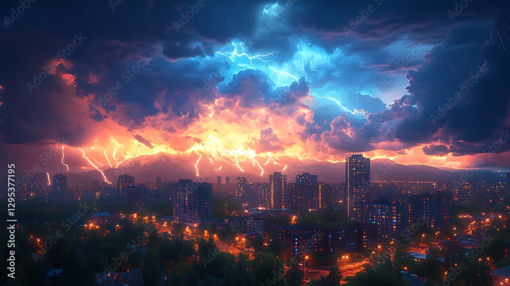 Fototapeta premium Cityscape Lightning Storm Night Dramatic Background