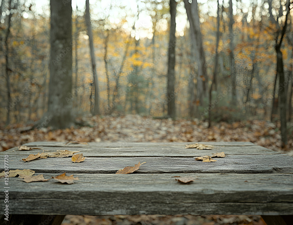 Fototapeta premium Rustic Picnic Table in Autumn Forest, A Serene Outdoor Scene with Fallen Leaves and a Weathered Table Top Suggesting Tranquility and Seasonal Change