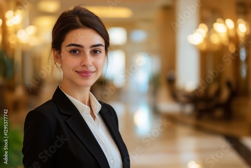 Obraz na płótnie A delightful young hostess in a sleek black hotel uniform, standing against a softly blurred lobby backdrop. w salonie