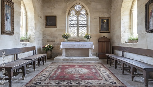 Interior of a small chapel featuring a table and stained glass