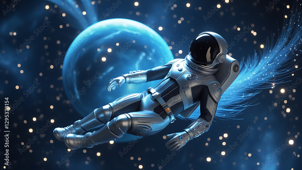 A mesmerizing visual representation Spaceman and planet, human in space, shimmering effects that give the impression of depth and dimensionality, created by generative ai A mesmerizing visual representation Spaceman and planet, human in space, shimmering effects that give the impression of depth and dimensionality, created by generative ai