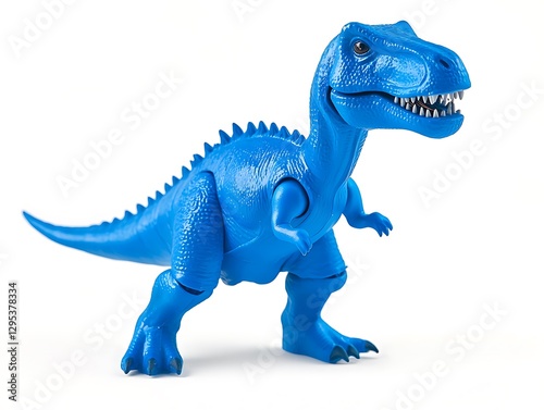 Bright blue plastic toy dinosaur with detailed spikes isolated on a white background