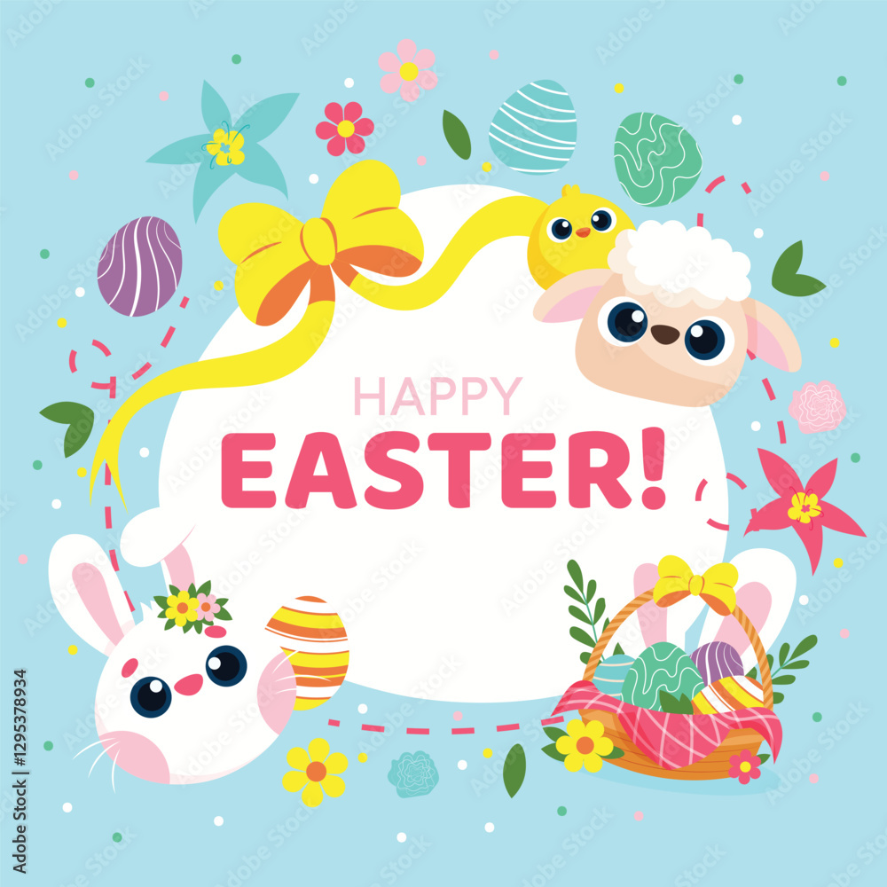 Easter card with rabbit, spring flowers on blue background. Vector illustration. Easter card with rabbit, spring flowers on blue background. Vector illustration.