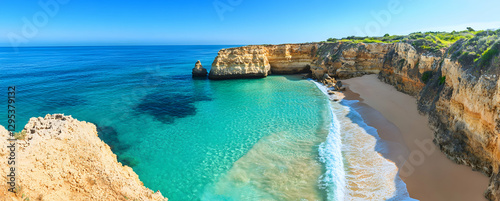 Scenic Algarve Coastline, Turquoise Waters and Golden Cliffs at Praia da Marinha, Portugal - A Coastal Paradise Destination for Summer Vacation and Exploration