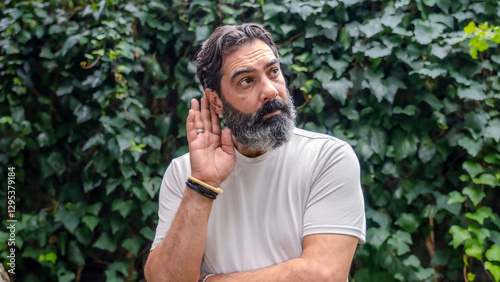 A middle-aged man with a beard is outdoors in a wooded area, looking at the camera in a close-up shot, with his hand near his ear, making a gesture that suggests he is listening